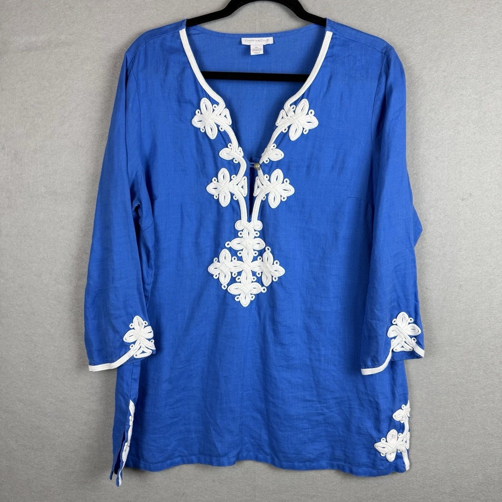 Charter Club Top Womens XL Blue Tunic Embroidered Linen V Neck 3/4 Sleeve Blouse